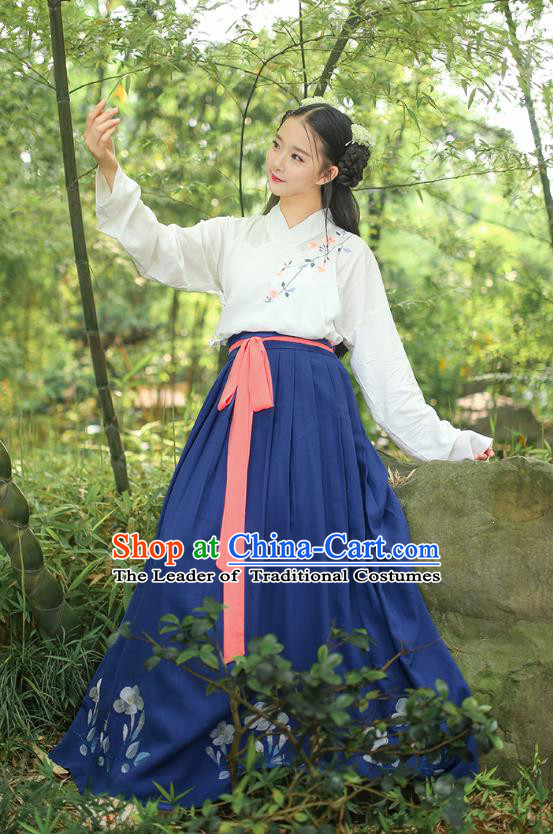 Asian Chinese Oriental Hanfu Costumes Han Dynasty Embroidered Blouse and Slip Skirts, Traditional China Ancient Princess Embroidery Clothing for Women