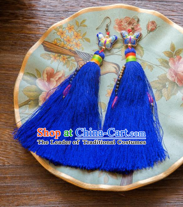 Chinese Handmade Classical Embroidery Butterfly Earrings, China Xiuhe Suit Wedding Blue Tassel Eardrop for Women