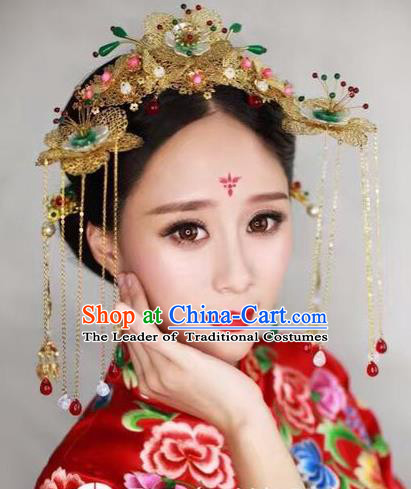 Chinese Handmade Classical Hair Accessories Jade Phoenix Coronet Complete Set, China Xiuhe Suit Hairpins Wedding Headwear for Women