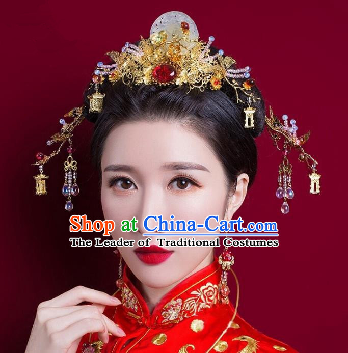 Chinese Handmade Classical Hair Accessories Complete Set Jade Phoenix Coronet, China Xiuhe Suit Hairpins Wedding Headwear for Women