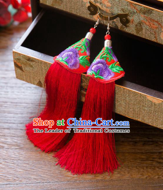 Top Grade Handmade Classical Hair Accessories Chinese Hanfu Red Tassel Earrings, China Ancient Princess Purple Embroidery Eardrop for Women