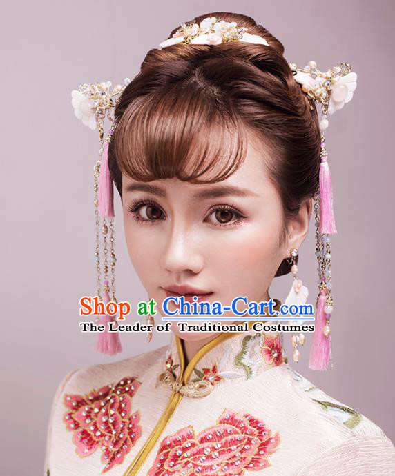 Aisan Chinese Handmade Classical Hair Accessories Bride Pink Shell Step Shake Complete Set, China Xiuhe Suit Hairpins Wedding Headwear for Women