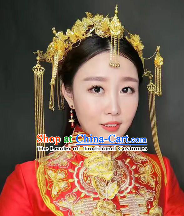 Aisan Chinese Handmade Classical Hair Accessories Bride Golden Phoenix Coronet Complete Set, China Xiuhe Suit Hairpins Wedding Headwear for Women