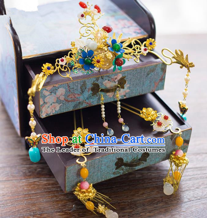 Aisan Chinese Handmade Classical Hair Accessories Hanfu Hair Clasp, China Xiuhe Suit Dragon Hairpins Wedding Headwear Complete Set for Women