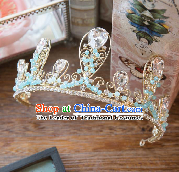 Top Grade Handmade Classical Hair Accessories Baroque Style Princess Blue Beads Royal Crown Headwear