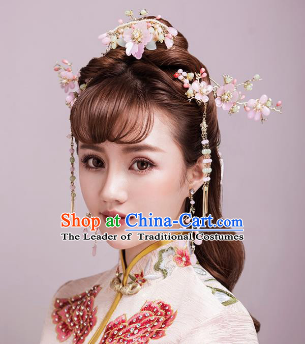 Aisan Chinese Handmade Classical Hair Accessories Hanfu Shell Pink Flowers Hair Clasp Complete Set, China Xiuhe Suit Hairpins Wedding Headwear for Women