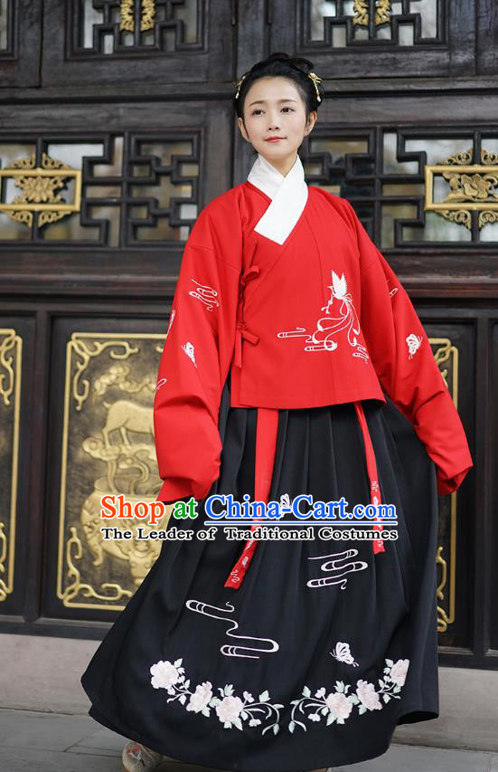Traditional Asian Chinese Hanfu Costumes Ming Dynasty Palace Lady Embroidered Slant Opening Red Blouse and Skirts Complete Set