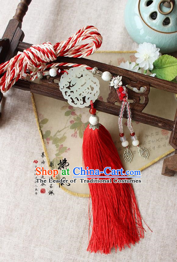 Chinese Handmade Classical Accessories Red Tassel Palace Taeniasis, China Hanfu Jade Waist Pendant Headwear for Women for Men