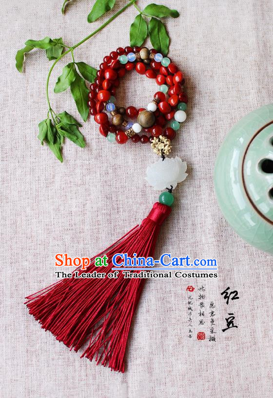 Chinese Handmade Classical Accessories Hanfu Red Beads Tassel Necklace, China Ancient Jade Necklet for Women
