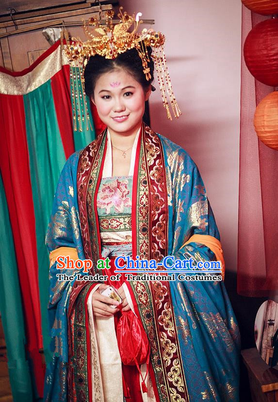 Traditional Ancient Chinese Imperial Consort Costume and Headpiece Complete Set, Chinese Tang Dynasty Imperial Empress Tailing Embroidered Clothing for Women