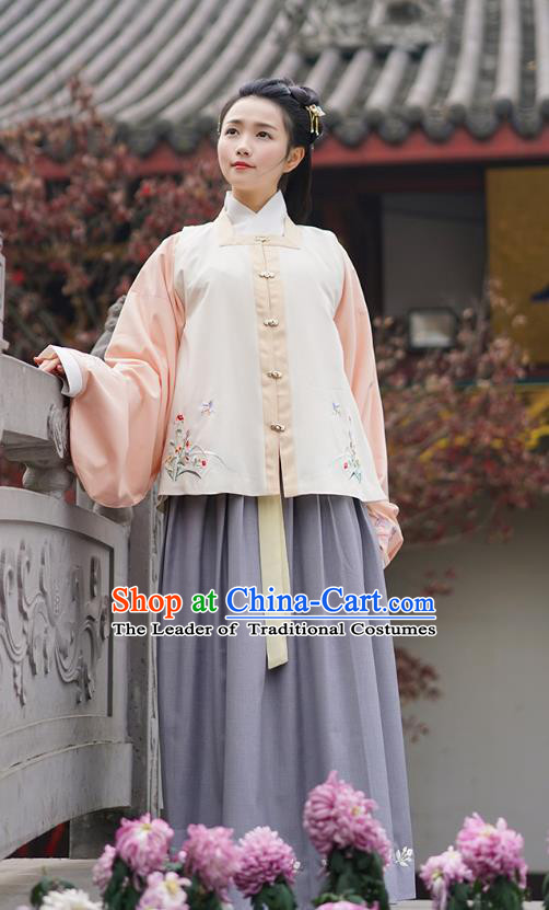 Traditional Asian Chinese Hanfu Princess Costumes, China Ming Dynasty Young Lady Embroidered Vest Blouse and Skirts Complete Set