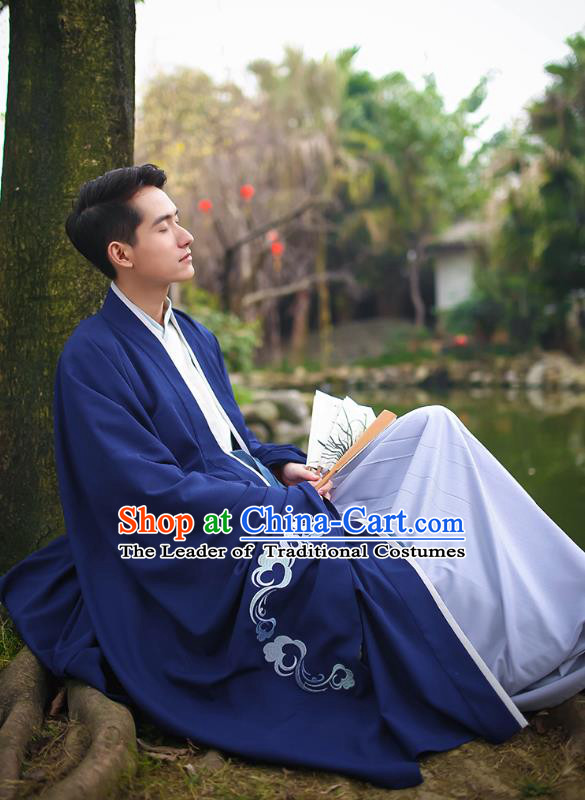 Traditional Asian Chinese Hanfu Scholar Costumes Navy Embroidered Cloak, China Ji Dynasty Officer Wide Sleeve Embroidered Elegant Robe for Men