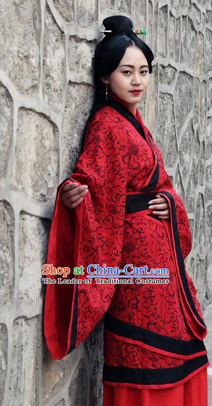 Traditional Oriental China Costume Palace Lady Red Curve Bottom, Chinese Hanfu Han Dynasty Princess Wedding Embroidered Clothing for Women