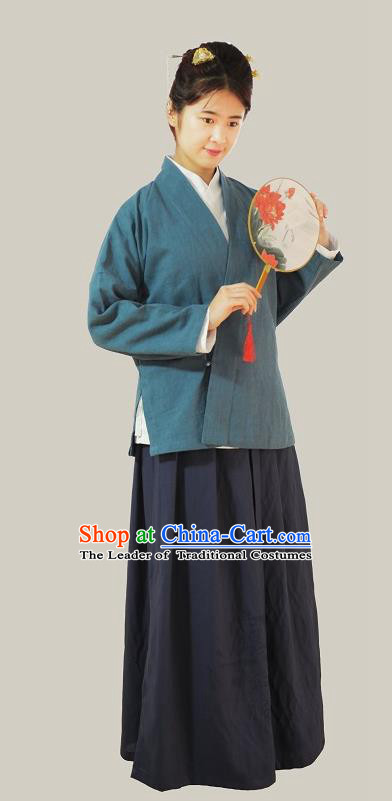 Traditional Chinese Ming Dynasty Young Lady Costumes Blue Linen Slant Opening Blouse for Women