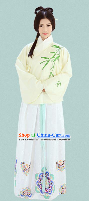 Traditional Chinese Ming Dynasty Imperial Consort Costumes Ancient Embroidered Bamboo Yellow Blouse and White Slip Skirts for Women