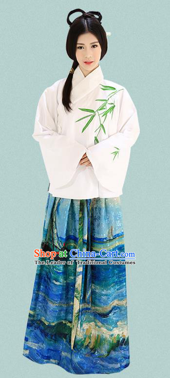 Traditional Chinese Ming Dynasty Imperial Consort Costumes Ancient Embroidered Bamboo White Blouse and Blue Slip Skirts for Women