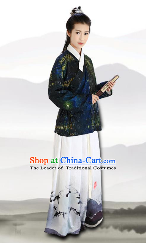 Traditional Chinese Ming Dynasty Young Lady Costumes Ancient Blouse and Printing Lotus Slip Skirts for Women