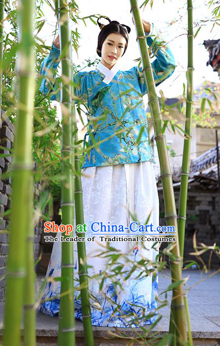 Traditional Chinese Ming Dynasty Young Lady Costumes Ancient Blue Blouse and Printing White Slip Skirts for Women