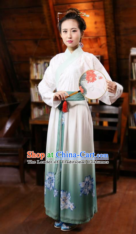 Traditional Chinese Han Dynasty Young Lady Costumes Ancient Blouse and Printing Slip Skirts Complete Set for Women