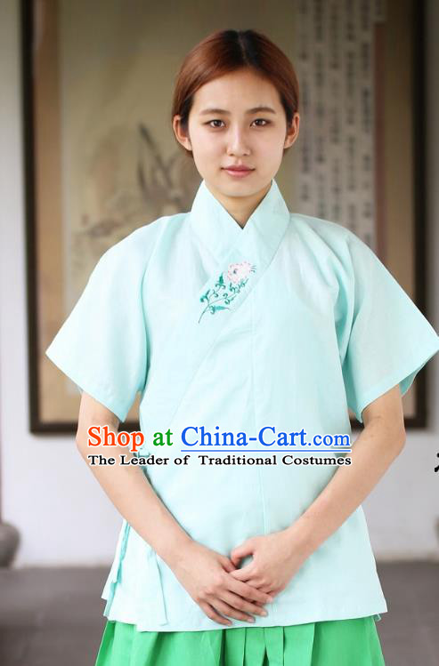 Traditional China Ancient Young Lady Costume Hanfu Blue Embroidered Blouse for Women