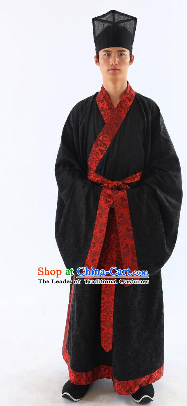 Traditional Asian China Han Dynasty Costume Chinese Ancient Hanfu Officer Scholar Black Long Robe for Men