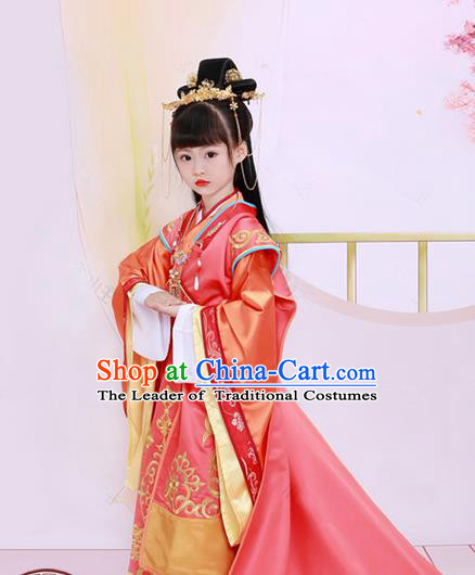 Traditional Chinese Tang Dynasty Imperial Princess Tailing Embroidered Red Dress Clothing and Headpiece for Kids