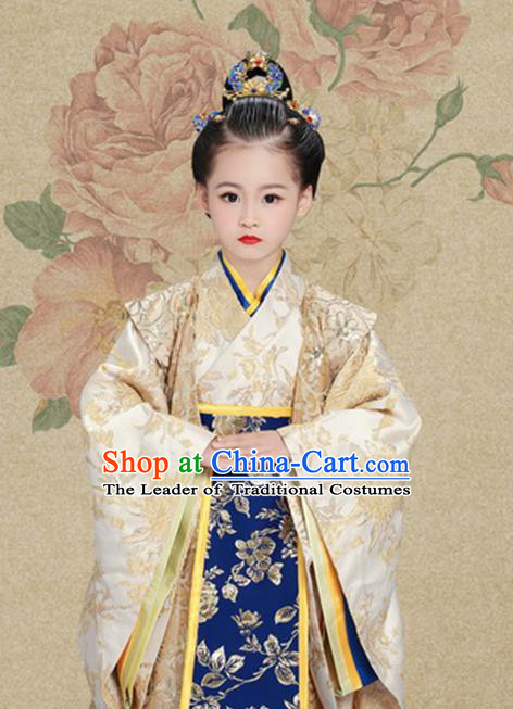 Traditional Chinese Han Dynasty Imperial Princess Tailing Embroidered Clothing and Headpiece for Kids