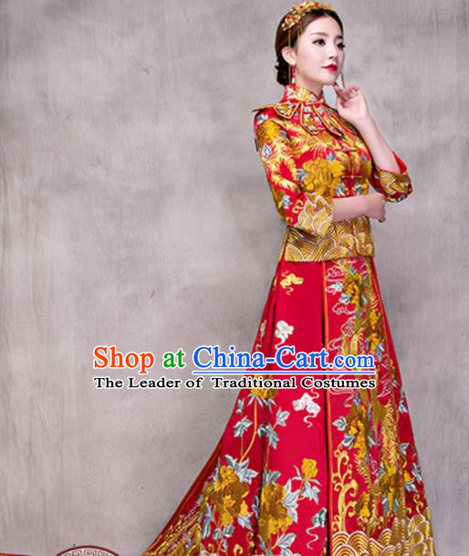 Traditional Ancient Chinese Costume Trailing Red Xiuhe Suits Chinese Style Wedding Embroidery Dragon and Phoenix Bride Cheongsam Clothing for Women