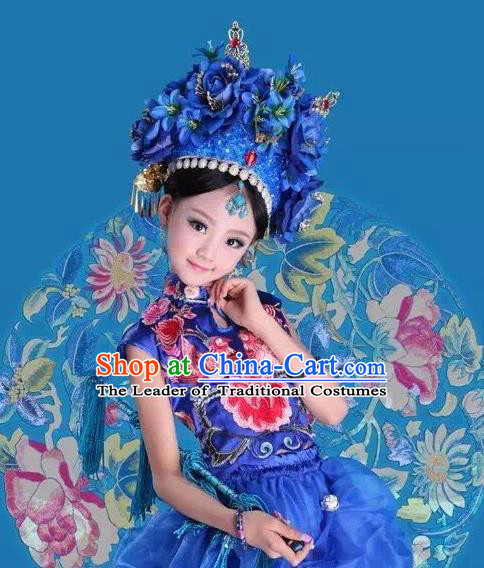 Traditional Ancient Chinese Imperial Consort Costume and Headpiece Complete Set, Chinese Qing Dynasty Manchu Lady Embroidered Clothing for Kids