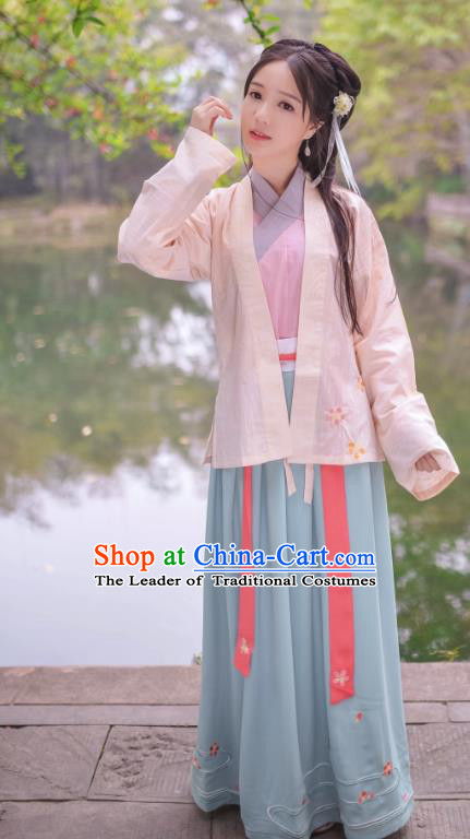 Traditional Chinese Hanfu Costumes Ancient Han Dynasty Young Lady Embroidery Pink BeiZi Blouse and Skirts Complete Set