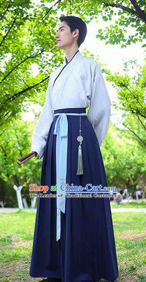 Traditional Chinese Hanfu Costumes Ancient Han Dynasty Young Men Embroidery Shirts and Skirts Complete Set