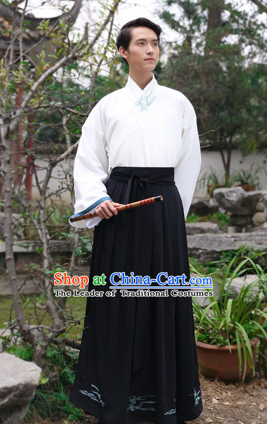 Traditional Chinese Hanfu Costumes Ancient Han Dynasty Young Men Embroidery Slant Opening Shirts and Black Skirts Complete Set