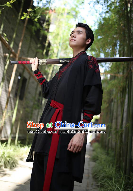 Traditional Chinese Hanfu Costumes Ancient Han Dynasty Swordsman Embroidery Black Clothing Complete Set