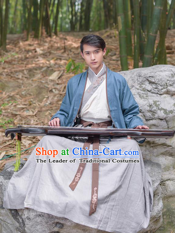 Traditional Chinese Hanfu Costumes Ancient Han Dynasty Swordsman Embroidery Clothing Blue Half-arm Shawl and Robe Complete Set