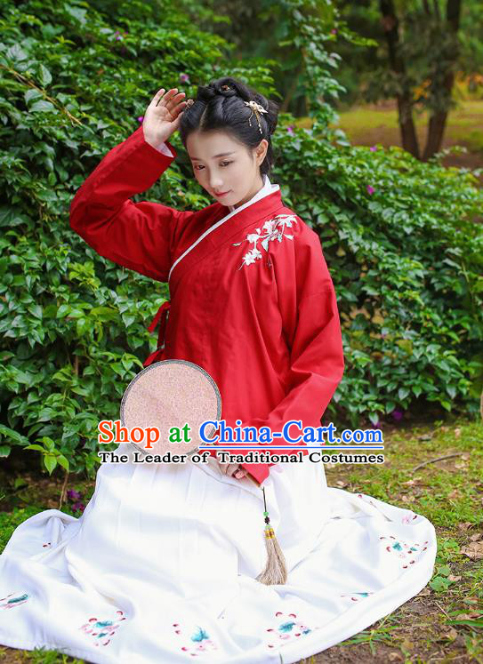 Traditional Chinese Ancient Costumes, Asian China Ming Dynasty Palace Lady Clothing Embroidery Red Blouse and Skirt Complete Set