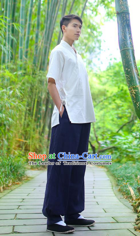 Traditional Chinese Ancient Hanfu Costumes, Asian China Ming Dynasty Slant Opening White Shirt for Men