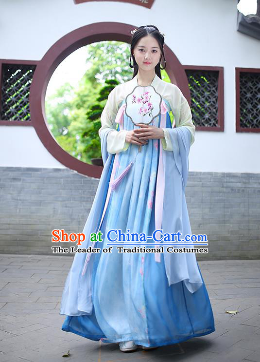 Ancient Chinese Palace Princess Costume, Traditional China Tang Dynasty Empress Clothing Blouse and Blue Skirt Complete Set for Women