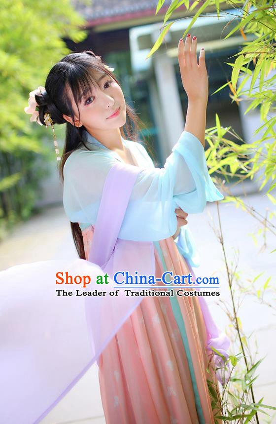 Ancient Chinese Palace Princess Costume, Traditional China Tang Dynasty Young Lady Clothing Blue Blouse and Pink Skirt Complete Set