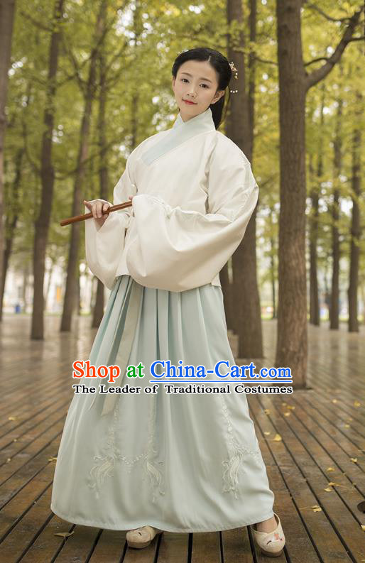 Traditional Chinese Ancient Costumes, Asian China Ming Dynasty Palace Lady Princess Clothing Embroidery White Blouse and Green Skirt Complete Set