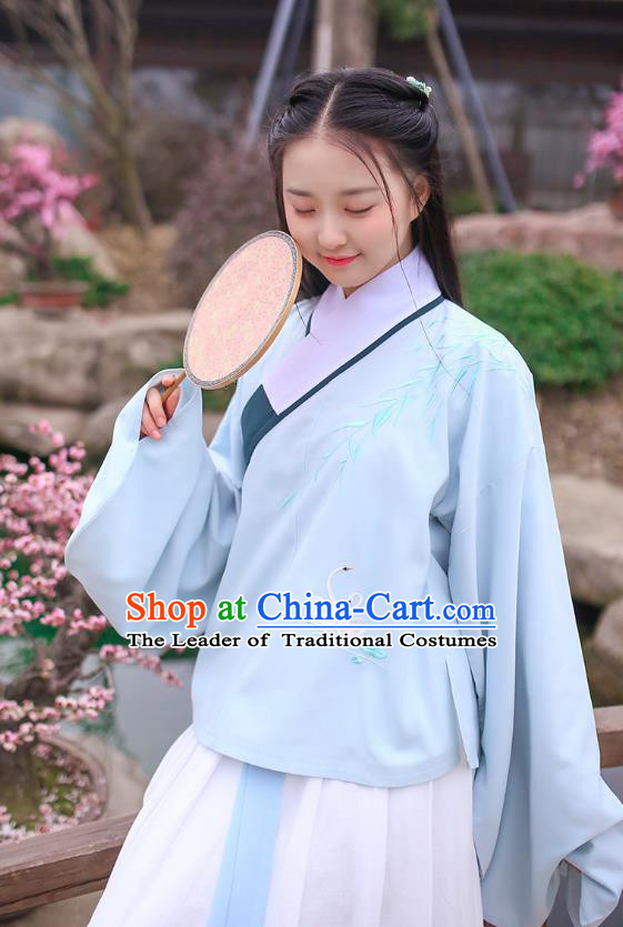 Ancient Chinese Palace Princess Hanfu Costume, Traditional China Ming Dynasty Young Lady Blue Embroidery Blouse and Skirt Complete Set