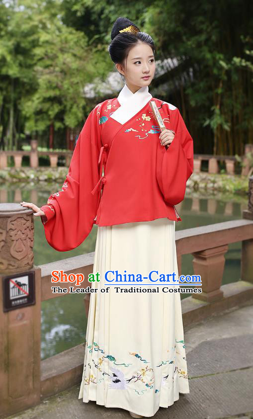 Ancient Chinese Palace Princess Hanfu Costume, Traditional China Ming Dynasty Palace Lady Red Embroidery Crane Blouse and Yellow Skirt Complete Set