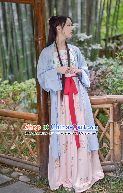 Ancient Chinese Palace Princess Hanfu Costume, Traditional China Ming Dynasty Palace Lady Embroidery Blue Cardigan Blouse and Skirt Complete Set