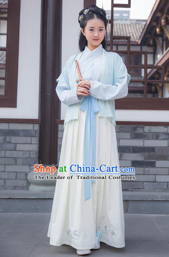 Ancient Chinese Palace Princess Hanfu Costume, Traditional China Ming Dynasty Young Lady Embroidery Blue Half-arm Shawl Clothing