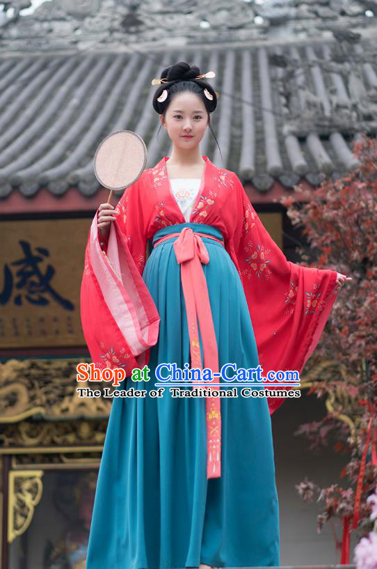 Traditional Chinese Ancient Hanfu Costumes, Asian China Tang Dynasty Palace Lady Princess Clothing Embroidery Red Blouse and Blue Skirt Complete Set
