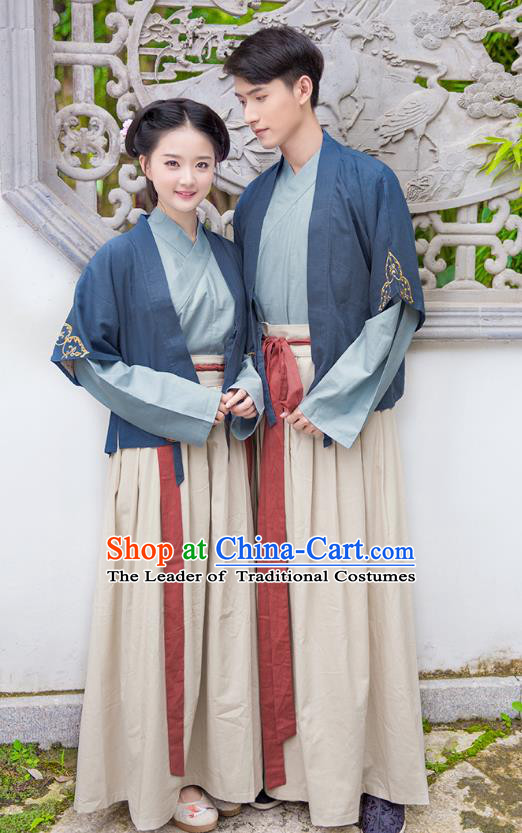 Traditional Chinese Ancient Hanfu Costumes, Asian China Song Dynasty Clothing Embroidery Blue Half-arm Shawl Blouse and Skirt Complete Set for Women for Men