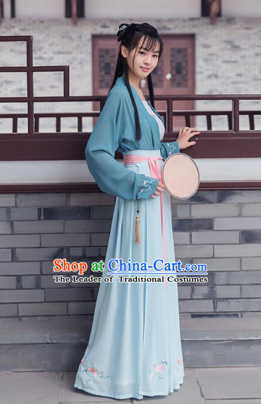 Ancient Chinese Royal Princess Hanfu Costume, Traditional China Song Dynasty Palace Lady Embroidery Blue Blouse and Skirt Complete Set