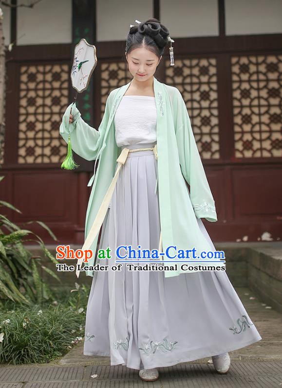 Ancient Chinese Royal Princess Hanfu Costume, Traditional China Song Dynasty Palace Lady Embroidery Green BeiZi and Dress for Women