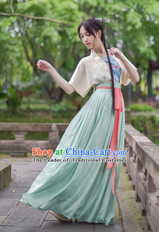 Ancient Chinese Royal Princess Hanfu Costume, Traditional China Song Dynasty Palace Lady Embroidery Yellow Blouse and Green Dress for Women