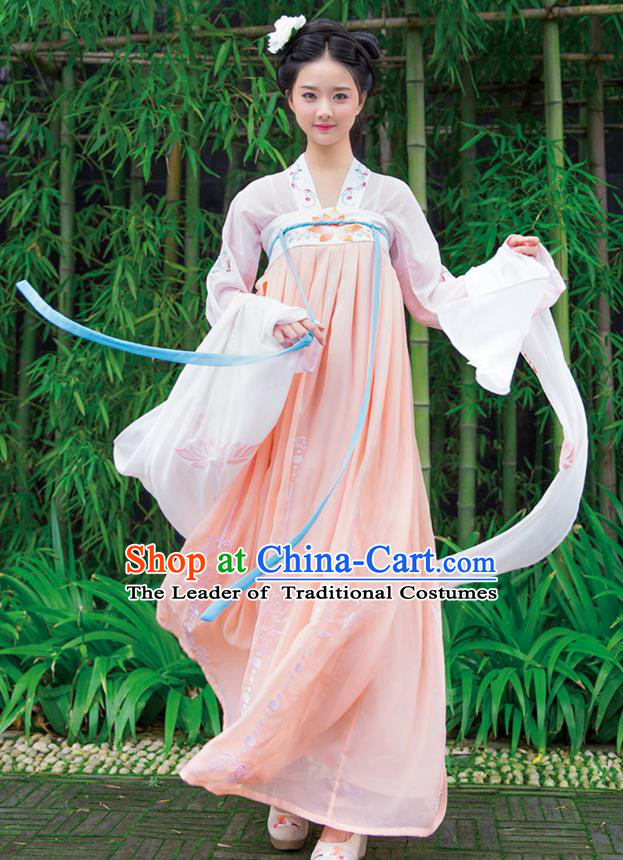 Ancient Chinese Imperial Concubine Hanfu Costume, Traditional China Tang Dynasty Palace Lady Embroidery White Blouse and Pink Slip Skirt for Women