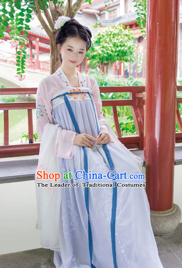 Ancient Chinese Imperial Concubine Hanfu Costume, Traditional China Tang Dynasty Palace Lady Embroidery Blouse and Purple Slip Skirt for Women
